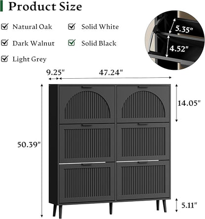 Xixini Shoe Storage Cabinet with 6 Flip Drawers, 50" Tall Narrow Wood Fluted Shoe Organizer for Entryway, Freestanding Wooden Hidden Slim Shoe Rack for Front Door Entrance, Hallway, Foyer, Solid Black