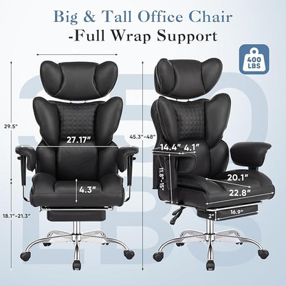 DUMOS Big and Tall Home Office Desk Chair, Ergonomic Executive Chair with Footrest, Computer Gaming Chairs with High Back Reclining, Adjustable Armrests and Comfy Lumbar Support, PU Leather, Black