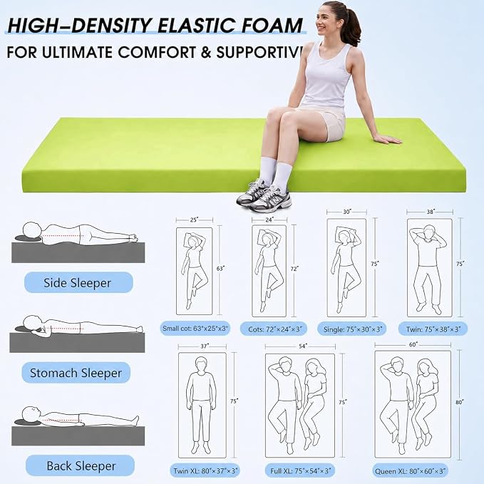 CYMULA 3 Inch Memory Foam Camping Pad, Camping Essentials Roll Up Floor Mat for Car Camping, Cot, Tent, Truck, Travel and Guest Use, Non-Slip Waterproof Bottom, Removable Cover
