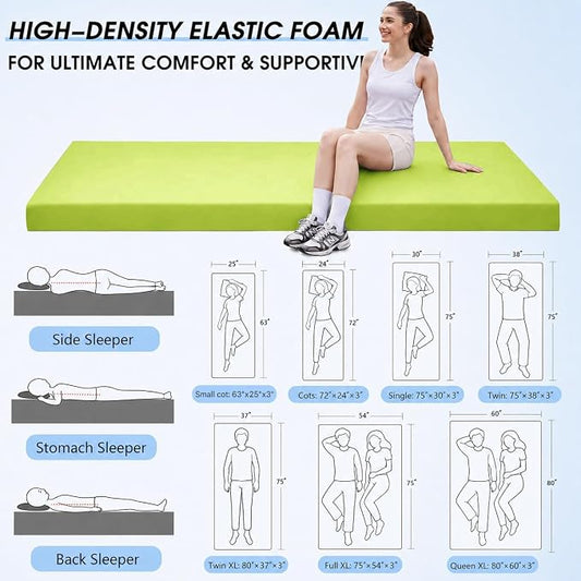 CYMULA 3 Inch Memory Foam Camping Pad, Camping Essentials Roll Up Floor Mat for Car Camping, Cot, Tent, Truck, Travel and Guest Use, Non-Slip Waterproof Bottom, Removable Cover
