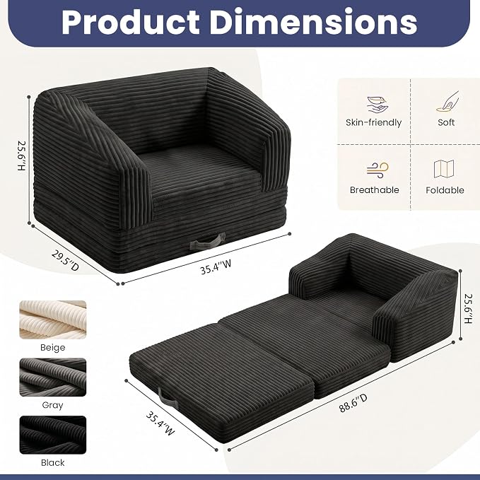 JUIKURY Convertible Sofa Bed, 3-in-1 Foldable Loveseat Couch with Armrest, Corduroy Floor Sofa & Sleeper Bed, No Assembly High-Density Foam Futon Mattress for Living Room, Small Apartment, Dorm