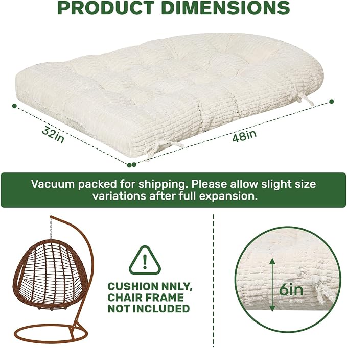 idee-home Egg Chair Cushion Replacement, Tufted Hanging Egg Chair Cushions | Oversized Wicker Swing Cushion with Corduroy Cover for Indoor Hammock Basket Chair, Beige (Chair Not Included), 48x32 Inch