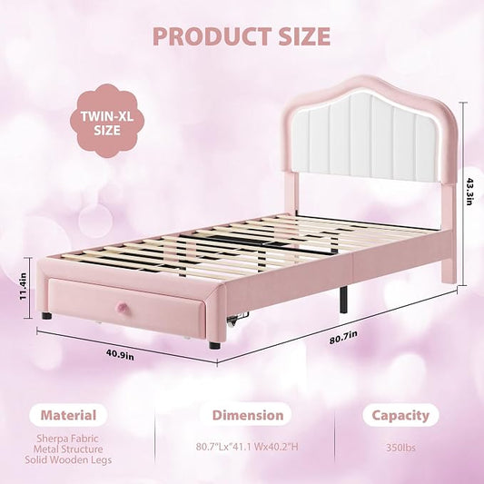 GarveeHome Upholstered Twin XL Bed Frame with Led Lights and Storage Drawer, Velvet Led Bed Frame with Headboard for Kids, Girls, Boys, No Box Spring Needed, Wooden Slats, Noise Free, Pink