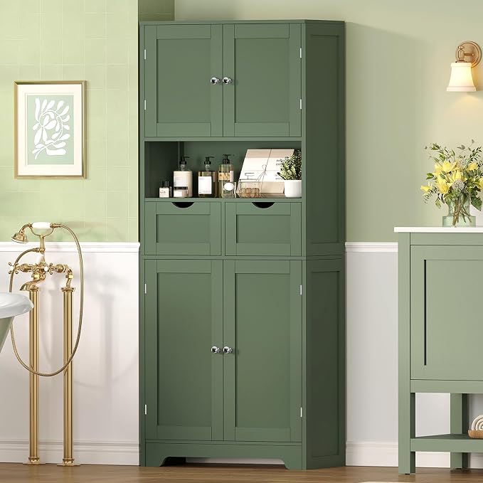 Iwell 58" H Tall Bathroom Storage Cabinet with 2 Drawers & 2 Adjustable Shelves, Bathroom Cabinet with 4 Doors, Tall Cabinet for Living Room, Dining Room, Entryway, Forest Green