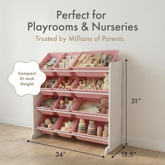 Humble Crew Toy Storage Organizer with 12 Removable Storage Bins for Kids Playroom, 4-Tier Toddler Toy Organization, White/Pink