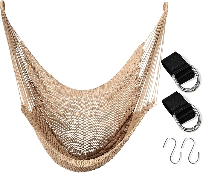 Large Hammock Chair with Hanging Straps and Hooks, Caribbean Hammock Swing Chair, XL Hammock Chair Outdoor Indoor, 330 LBS Weight Capacity, Light Brown