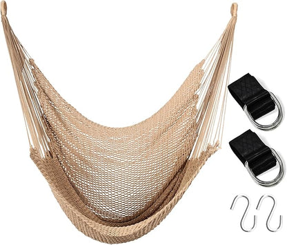 Large Hammock Chair with Hanging Straps and Hooks, Caribbean Hammock Swing Chair, XL Hammock Chair Outdoor Indoor, 330 LBS Weight Capacity, Light Brown
