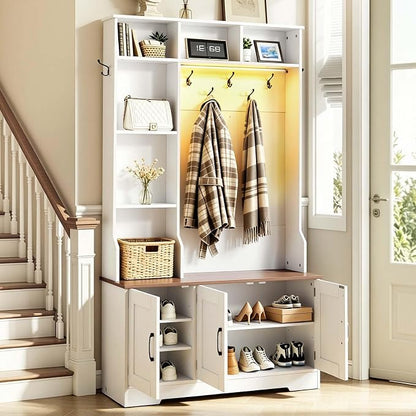 VEVOR Hall Tree with Bench and Shoe Storage, 39" Wide, Entryway Hall Tree with Bench, Hanging Hooks, Storage Shelves, Adjustable Shoe Shelves, LED Light, Wooden, for Mudroom, Entryway, Hallway, White