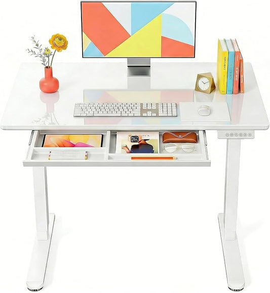 Marsail Glass Electric Standing Desk with Drawer, 40 x 24 Inches Height-Adjustable Desk, One-Piece Tempered Glass Top, Ergonomic Home Office Sit Stand Desk with 4 Preset Heights, White