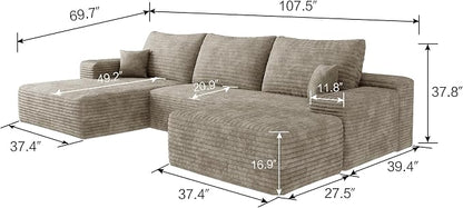 107" U Shaped Corduroy Couch with Ottoman, Compression Boneless Sofa, Deep Seat Cloud Modular Couch, Comfy Sectional Couches for Living Room Bedroom, No Assembly, Right Facing Chaise, Camel