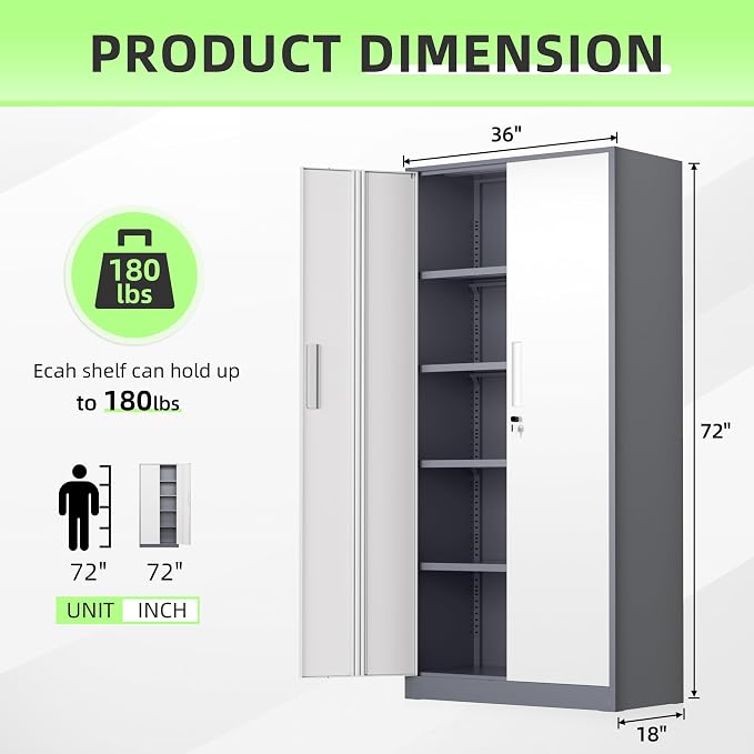 Bonusall 72" Metal Garage Storage Cabinet， Heavy-Duty Steel Cabinet with 2 Locking Doors & 4 Adjustable Shelves for Home, Office, or Workshop Organization(White Grey)