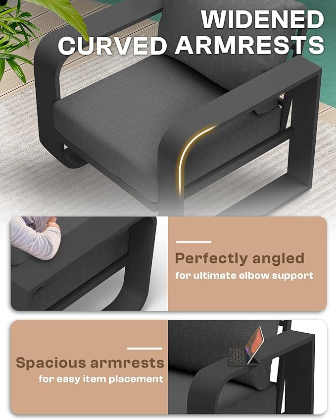 Oversized Aluminum Outdoor Furniture Set, Extra Large Patio Furniture Sofa Set 4.8” Widened Armrest & Ultra-Thick Cushions, 4 Pcs Modern Patio Sectional for Backyard, Deck, Graphite