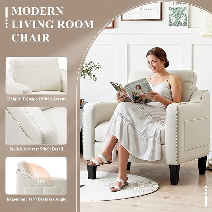 MALOL PU Leather Accent Chair Set of 2, Mid-Century Modern Living Room Armchair Sofa with Removable Cushions, Solid Wood Frame & Stitched Armrest Design, Bedroom Chair with Plastic Legs, Beige