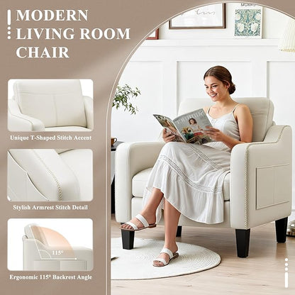 MALOL PU Leather Accent Chair Set of 2, Mid-Century Modern Living Room Armchair Sofa with Removable Cushions, Solid Wood Frame & Stitched Armrest Design, Bedroom Chair with Plastic Legs, Beige
