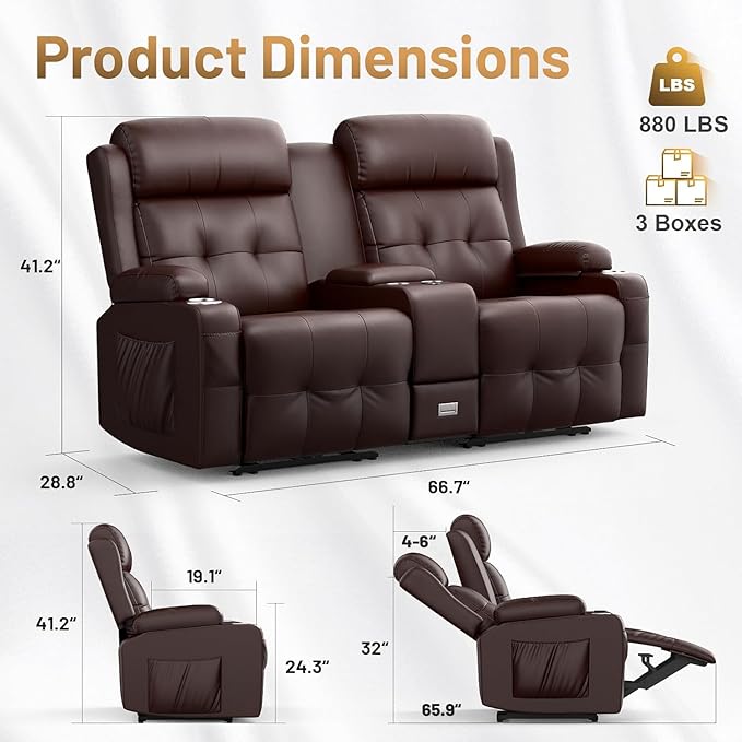 Loveseat Recliner Sofa, Home Theater Seating with Massage, Reclining Loveseats with Console, Wall Hugger RV Couch Movie Theater Chairs, RV Furniture Sofas with USB, Cup Holders, Drawer for Gaming Room