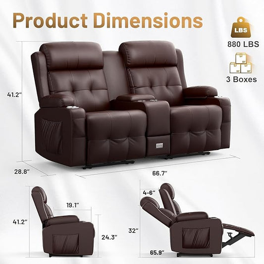 Loveseat Recliner Sofa, Home Theater Seating with Massage, Reclining Loveseats with Console, Wall Hugger RV Couch Movie Theater Chairs, RV Furniture Sofas with USB, Cup Holders, Drawer for Gaming Room