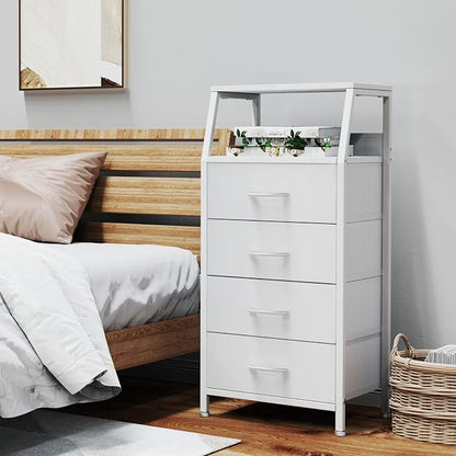 White Dresser for Bedroom, Storage Organizer with 4 Drawers, Vertical Fabric Storage Stand, Nightstand Bedside Table, Sturdy Steel Frame & Wooden Top