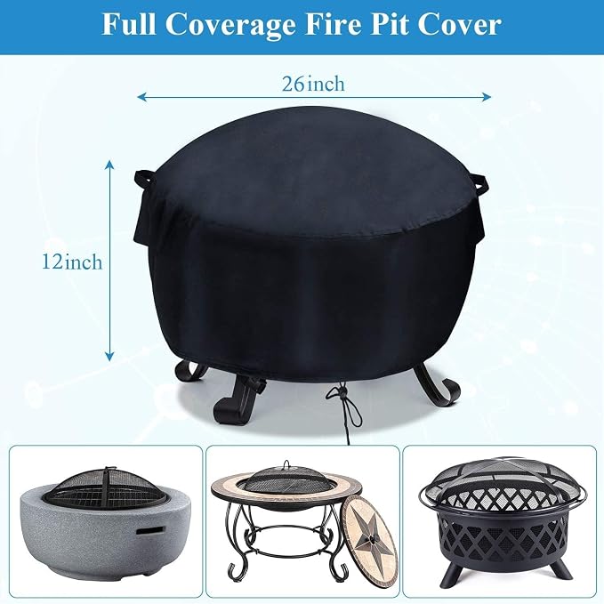 24 - 26 Inch Fire Pit Cover,Outdoor Round Small Fire Bowl Cover, Waterproof Bonfire Fire Stove Cover - 26"Dia x 12"H