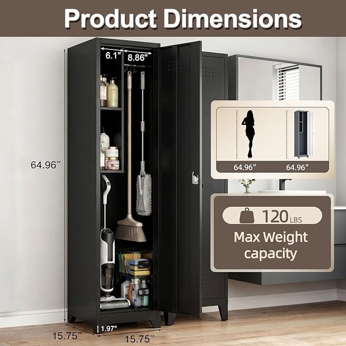 Slim Broom Closet Storage Cabinet, Black Metal Cabinets with Lock and & S-Hooks, Cleaning Supply Cabinet, Utility Closet Cabinets for Garage, Office, Laundry Room