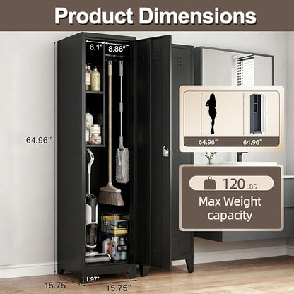 Slim Broom Closet Storage Cabinet, Black Metal Cabinets with Lock and & S-Hooks, Cleaning Supply Cabinet, Utility Closet Cabinets for Garage, Office, Laundry Room