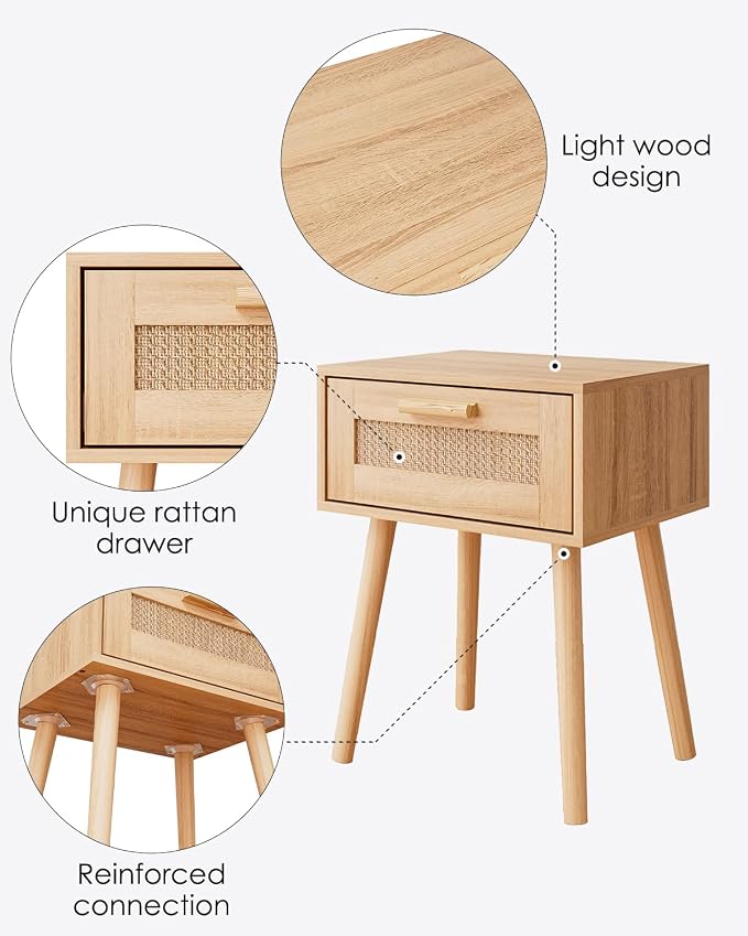 Aienvey Rattan Nightstand, Small Night Stand, Side Table with Drawer Open Shelf, Cane Accent Bedside End Table with Wood Legs, Bohemian Wood Nightstand for Bedroom, Oak (Bohemian)