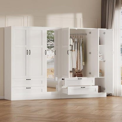 Yanosaku 5-in-1 Armoire Wardrobe Closet with Full Length Acrylic Mirror & 2 Drawers, Tall Narrow Armoire with Adjustable Shelf, Small Space Freestanding Storage Cabinet for Bedroom, White
