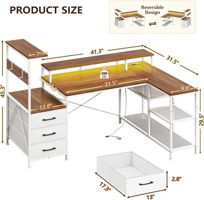 YOMILUVE L Shaped Gaming Desk with Drawers & Storage Shelves, White Gaming Desk with Power Outlets & LED Light, Reversible Computer Desk with Monitor Stand & Hooks, Brown and White