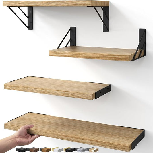 BAYKA Wall Shelves for Bedroom Decor, Floating Shelves for Living Room Kitchen Storage, Wall Mounted Rustic Shelves for Kids Books, Corner Shelf for Bathroom(Carbonized Brown,Set of 4)