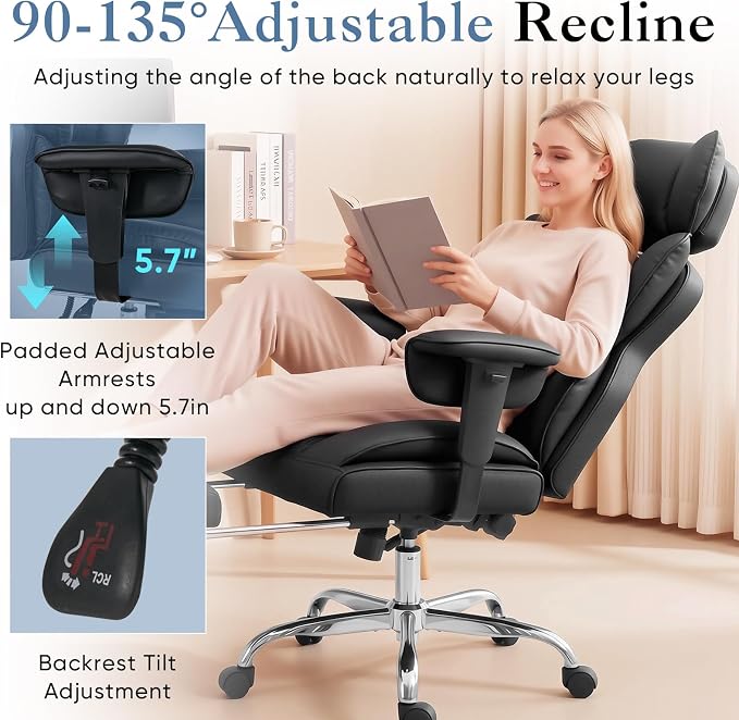 DUMOS Big and Tall Home Office Desk Chair, Ergonomic Executive Chair with Footrest, Computer Gaming Chairs with High Back Reclining, Adjustable Armrests and Comfy Lumbar Support, PU Leather, Black