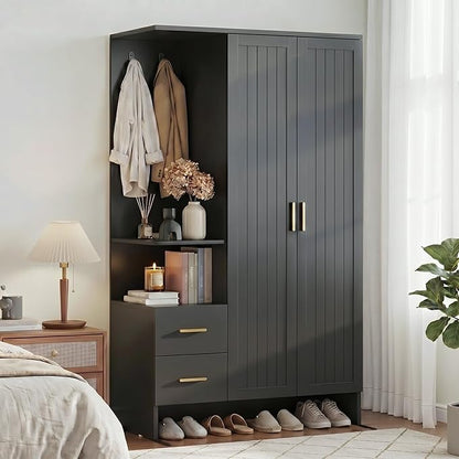Gyfimoie Modern Wardrobe Closet with 2 Doors & 2 Drawers, 67.8" Tall Armoire Wardrobe with Open Shelves, Freestanding Wardrobe for Bedroom, Wooden Wardrobe Combination for Hanging Clothes (Black)