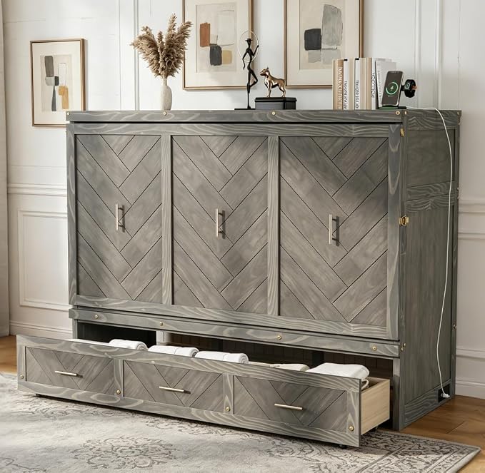 Bellemave Queen Size Murphy Bed with Charging Station and Storage, Farmhouse Murphy Bed with Foldable Panel for Guest Bedroom, Living Room, Office, Grey