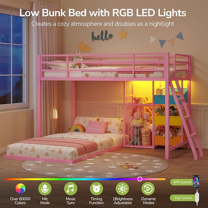 Hasuit Bunk Bed Twin Over Twin Size with Large Toy Storage Organizer and 3 Bins, Twin Bunk Beds with LED Lights, Metal L-Shaped Loft Bed with 13.4" H Safety Guardrail & Ladder, for Kids & Teens, Pink