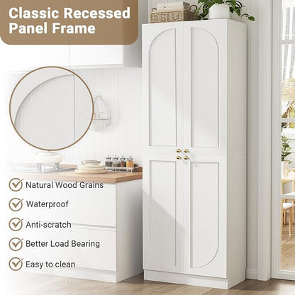 Cyclysio 80" Kitchen Pantry, Extra Tall Arch Storage Cabinet with 8 Soft Close Doors and Adjustable Shelves, Freestanding Wood Cupboard with Seamless Fit Wall for Dining Living Room Bathroom Furniture