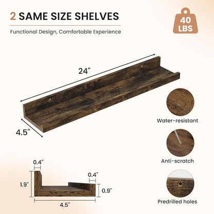 Dreamland Picture Ledge Shelf for Wall, Floating Shelves Set of 2,24 inch Long Floating Shelves with Lip for Living Room,Bedroom,Bathroom,Kitchen,Rustic Brown