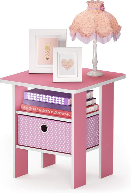 Furinno ANDREY Side Table, End Table, Night Stand with Open Shelves and Storage Bin, Bedside Table, for Living Room, Bedroom, Pink