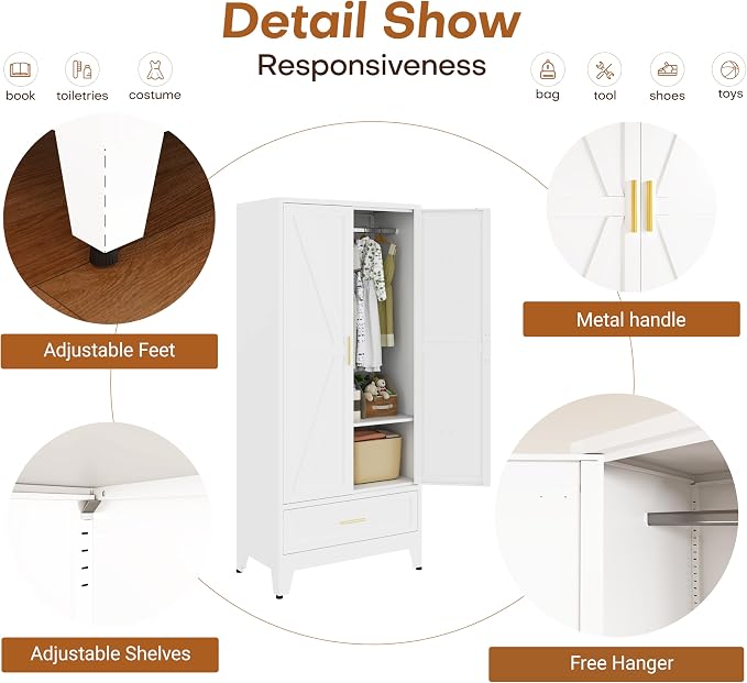 71" H Armoire Wardrobe Closet with 1 Drawer, Metal Wardrobe Closet with Doors and Adjustable Shelves, Wardrobe Cabinet with Hanging Rod, Closets for Bedroom, Laundry Room, White