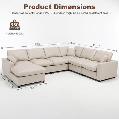 Oversized Faux Leather Modular Sectional Sofa for Living Room | with Ottoman, Extra Deep Seat, Pet-Friendly, Easy to Clean, Large 7 Seater U Shaped Cloud Couch, Beige