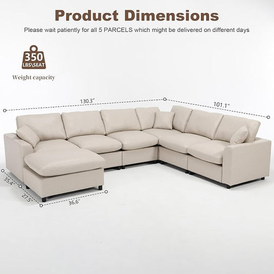 Oversized Faux Leather Modular Sectional Sofa for Living Room | with Ottoman, Extra Deep Seat, Pet-Friendly, Easy to Clean, Large 7 Seater U Shaped Cloud Couch, Beige