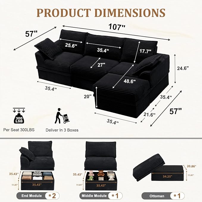 Upgrade Boneless Couch with Storage, Extra Deep&High Seat Modular Sectional Sofa 3 Seater L Shaped Cloud Couch with Ottoman, Tool-Free Assembly Sectional Couches for Living Room, Black