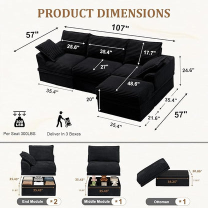 Upgrade Boneless Couch with Storage, Extra Deep&High Seat Modular Sectional Sofa 3 Seater L Shaped Cloud Couch with Ottoman, Tool-Free Assembly Sectional Couches for Living Room, Black