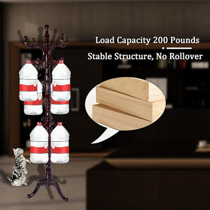 Coat Racks FreeStanding with 14 Hooks, Natural Wood Coat Rack with Solid Round Base, Adjustable Height Coat Racks, Easy Assembly for Hallway, Bedroom and Office (Reddish brown-Tri-Legged Base)