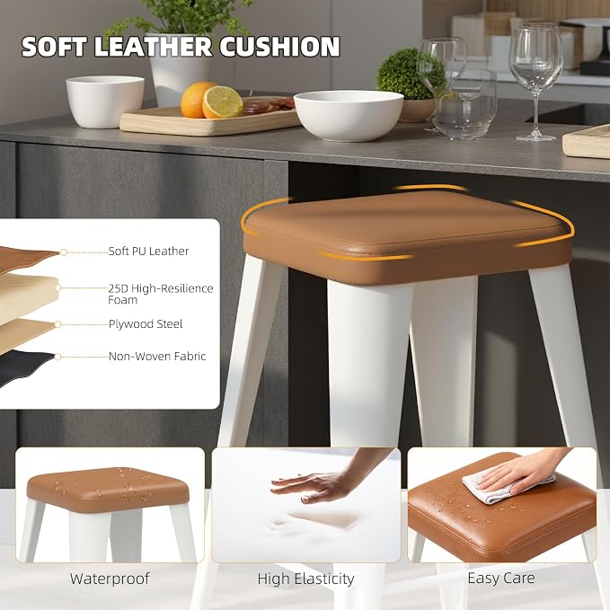 Bar Stools Set of 4, 26" Counter Height Bar Stools Backless, Upholstered Bar Stools with Brown Seat and White Metal Legs for Kitchen Island, Study Room, Cafe