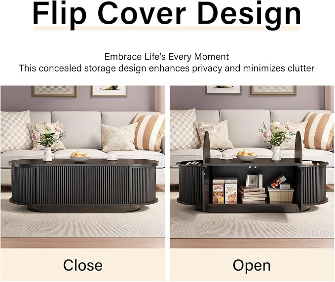 HSH 47" Oval Coffee Table with Storage, Black Coffee Table for Living Room | Modern Center Table with Press Type Door, Fluted Living Room Tables with 2 Flip-Top Hidden Lids, Wood Table