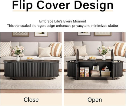HSH 47" Oval Coffee Table with Storage, Black Coffee Table for Living Room | Modern Center Table with Press Type Door, Fluted Living Room Tables with 2 Flip-Top Hidden Lids, Wood Table