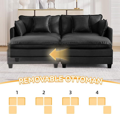 76'' Cloud Deep Seat Loveseat Sofa, Upholstered Leather Modular 2-Seats Sectional Sofa Couch with Movable Ottoman, Modern Comfy Settee Loveseat for Living Room Set, Small Apartment,Leather Black