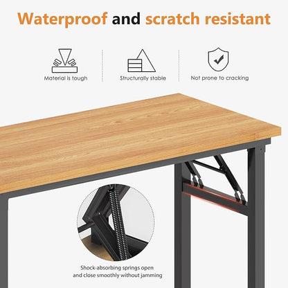 DlandHome Folding Desk for Small Spaces, 35.8'' Computer Desk Folding Table, Foldable Office Desk Computer Table Writing Workstation for Home Office, Study, Bedroom, No Assembly Required, Teak & Black