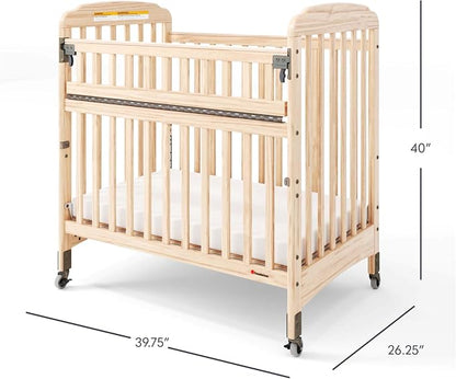 Foundations Serenity SafeReach Slatted Crib with Adjustable Mattress Board, Compact Wooden Baby Crib with Commercial Grade Casters, Includes 3” Foam Mattress (Natural)