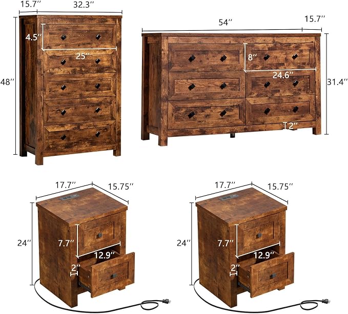 LUXOAK 5-Piece Bedroom Set, Queen Bed Frame with Headboard, 6 Drawer Dresser & 5 Drawer Chest, Nightstand Set of 2 with Charging Station, Farmhouse Bedroom Furniture, Rustic Brown