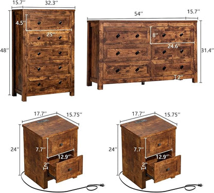 LUXOAK 5-Piece Bedroom Set, Queen Bed Frame with Headboard, 6 Drawer Dresser & 5 Drawer Chest, Nightstand Set of 2 with Charging Station, Farmhouse Bedroom Furniture, Rustic Brown