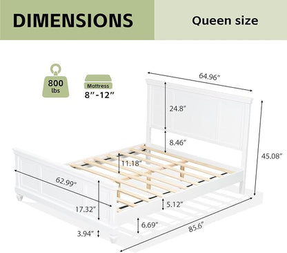 Merax Queen Size Bed Frame with Wood Headboard, Farmhouse White Platform Bed Frame with Sturdy Wooden Support Slats, No Box Spring Needed, Holds up to 800 Pounds, Noise-Free, Easy Assembly